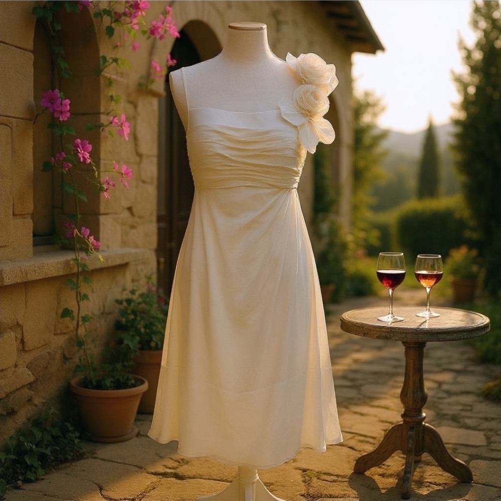 Vintage Teri Jon ✦ Ivory Silk Formal Dress ✦ Handmade Roses Babydoll Silhouette - Picture 3 of 17